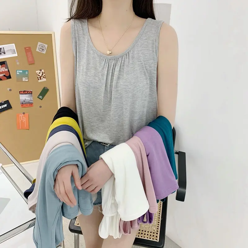 Women Singlet Top Korean Style Camisole Casual Modal Cottton Vest Summer Sleeveless Fashion Thin Style Plus Size Round neck T Shirt Basic Tanks Plain Undershirt Sleep Home Wear
