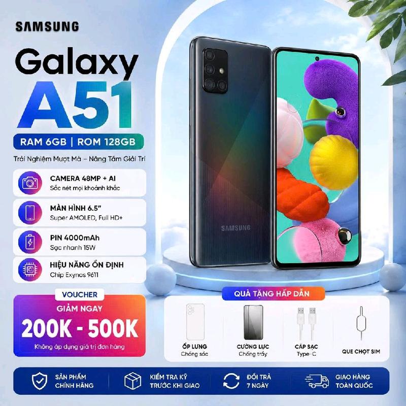 42: 2ND HAND : Điện Thoại Samsung Galaxy A51 Ram 6/128GB ,Màn Hình Lớn 6.55ind ,Sử Dụng 2 xim 2 sóng ,lướt Wed Xem Fim Chơi Game Mượt Mà , Bảo Hành 12 tháng ,sài được mọi áp ngân hàng ạ.