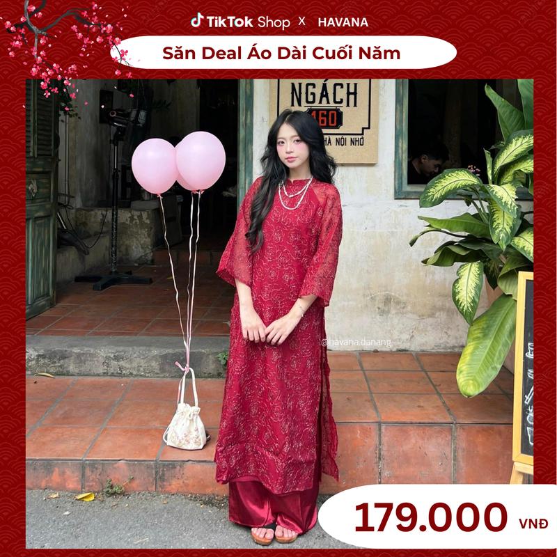  Áo dài voan tơ BỘI SAM thêu vân hoạ tiết hoa hồng kèm quần dài phi bóng HAVANA AD113 