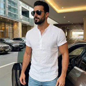 Kemeja Katun Linen Pria Lengan Pendek Casual Desain Sederhana Nyaman untuk Sehari-hari Varian Warna Putih Hitam & Beigie Bahan 100% Basic Linen Gaya Santai Stylish AL01