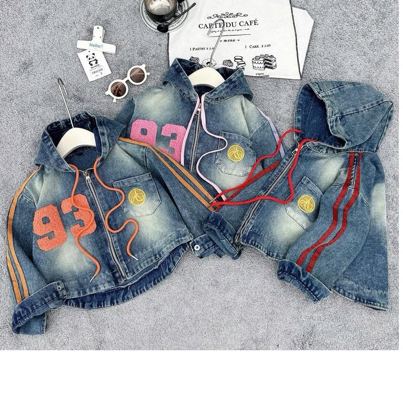  MỘC BABY STORE-A100 Áo Khoác Jean Chữ 93 Có Nón Dành Cho Bé Gái 10-40kg Màu Xanh vàng bụi  Đẹp Mắt Với Dây Rút Độc đáo 