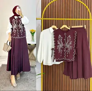 Balqis Setrok 3 in 1 Semiwoll strip Border Premium Stelan Wanita Simple dan Elegand include inner vest dan roknya