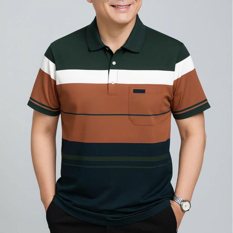  Áo thun nam trung niên có cổ lịch lãm phong cách cao cấp với thiết kế sọc màu sắc thời trang và túi tiện lợi cho nam giới trung niên 