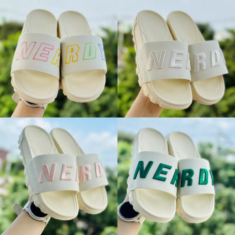 Dép Quai Ngang Nam Nữ . Đế Eva Cao 4cm, Quai Chữ NERRDY Thêu HỒNG Slipper DéP