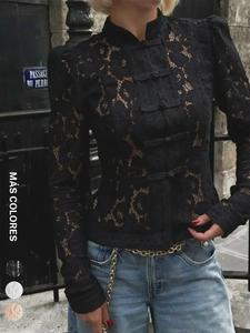 Blusa de mujer con patchwork de encaje floral y cierre frontal de botones, moda temprana de primavera, estampado integral, uso casual diario, blusa para mujer