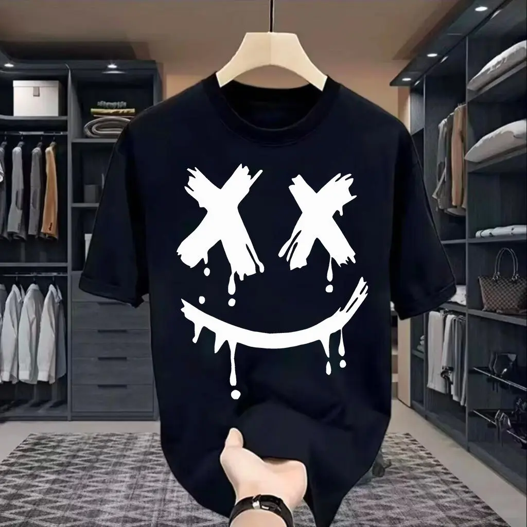 2025 Creative New T-shirts for Men and Women Street Oversized Round Neck T-Shirts Cool Color Clothing Oversized Exquisite Smiley Face Print T-Shirts Men's Solid Color Clothing Simple Style School Tops Teenagers Hip-Hop Fashion Clothing COD