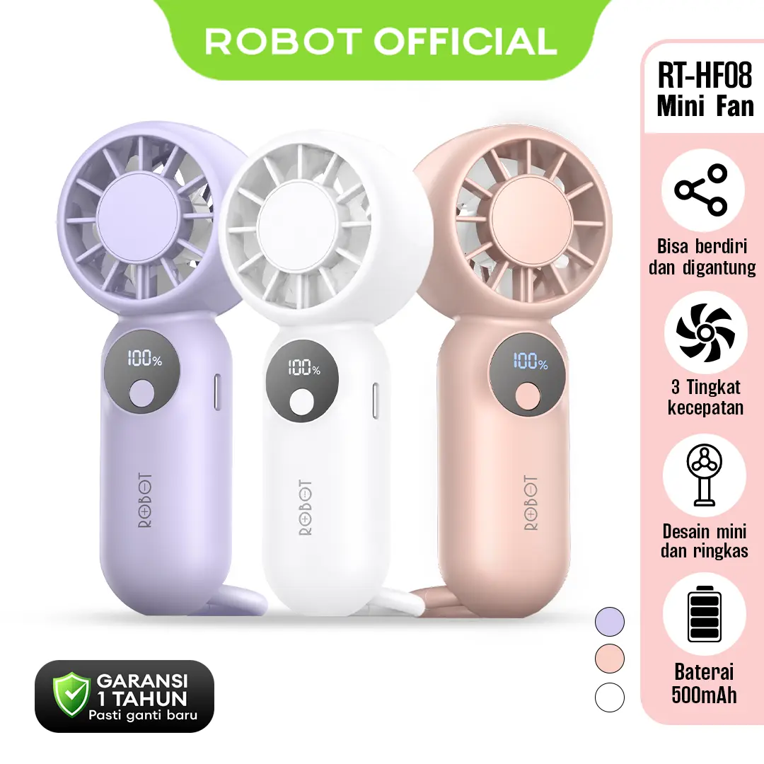 ROBOT RT-HF08 Kipas Angin Portable Genggam Handheld Mini Fan 1200mAh 3 Speed Mute Kipas Saku Tidak Bising Kipas Angin Mini Lipat Multifungsi  - Garansi 1 Tahun - Bisa COD