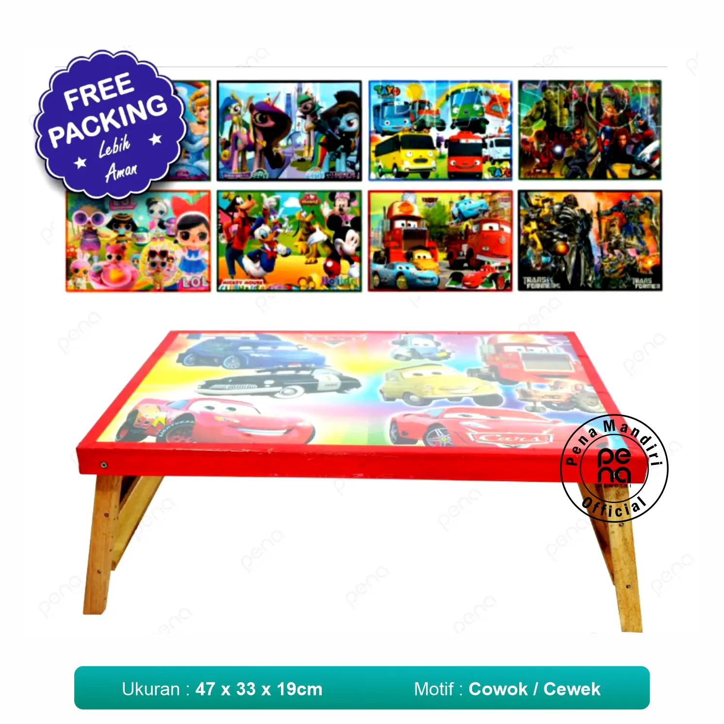 Meja Lipat Kayu Belajar Anak Karakter Kartun Ukuran 47x33x19cm Motif Cowok Cewek Cocok Rumah Kantor