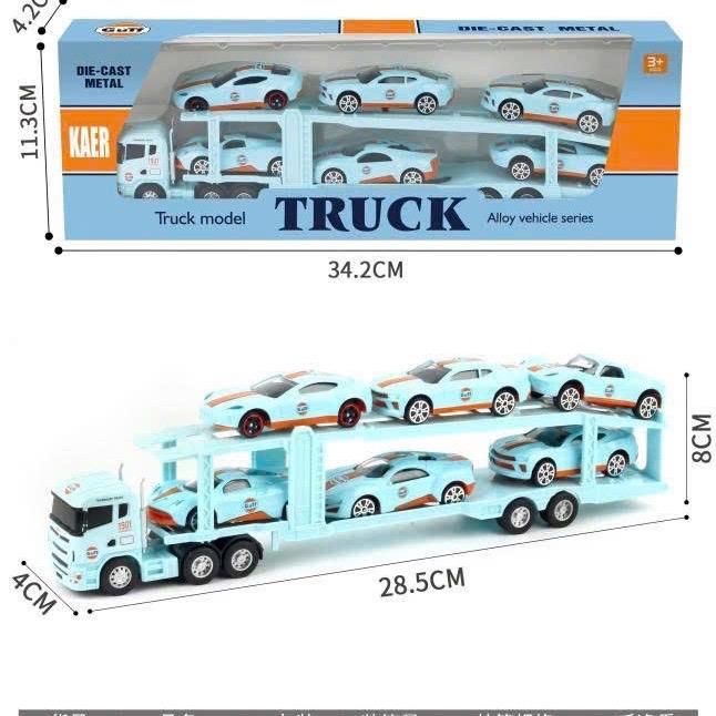 Xe đầu kéo mô hình - Xe tải vận chuyển chở 6 ô tô con - Hợp kim kết hợp nhựa Abs - Kèm ô tô nhỏ phía sau xe - Tỉ lệ 1:64- Đồ chơi toy