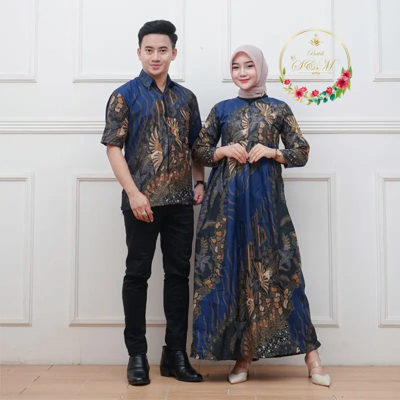 Harga sepasang Baju Pria Wanita Cuople Batik Kekinian 1 Paket Kemeja dan Gamis Sarimbit Polyester Super Premium Modern Pakaian Setelan Kondangan Pesta Muslim Pasangan 4