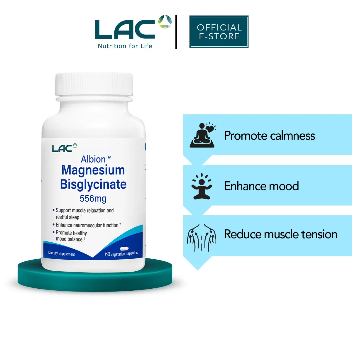 LAC Albion Magnesium Bisglycinate 556mg (60 vegetarian capsules) - Promotes Nerve Health, Support Stress Management & Improve Muscle Function