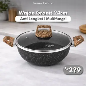 freemir Wajan Kuping 24 cm Panci Sup Anti Lengket Tutup Kaca Wok Granit Hitam Aluminium Kitchenware Multifungsi