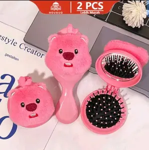 Aurora Sisir Kaca Cermin Bulat 2 in 1 Loppy Cermin Bulat Makeup Ala Korea Cermin Sisir dengan Desain Lucu dan Lembut