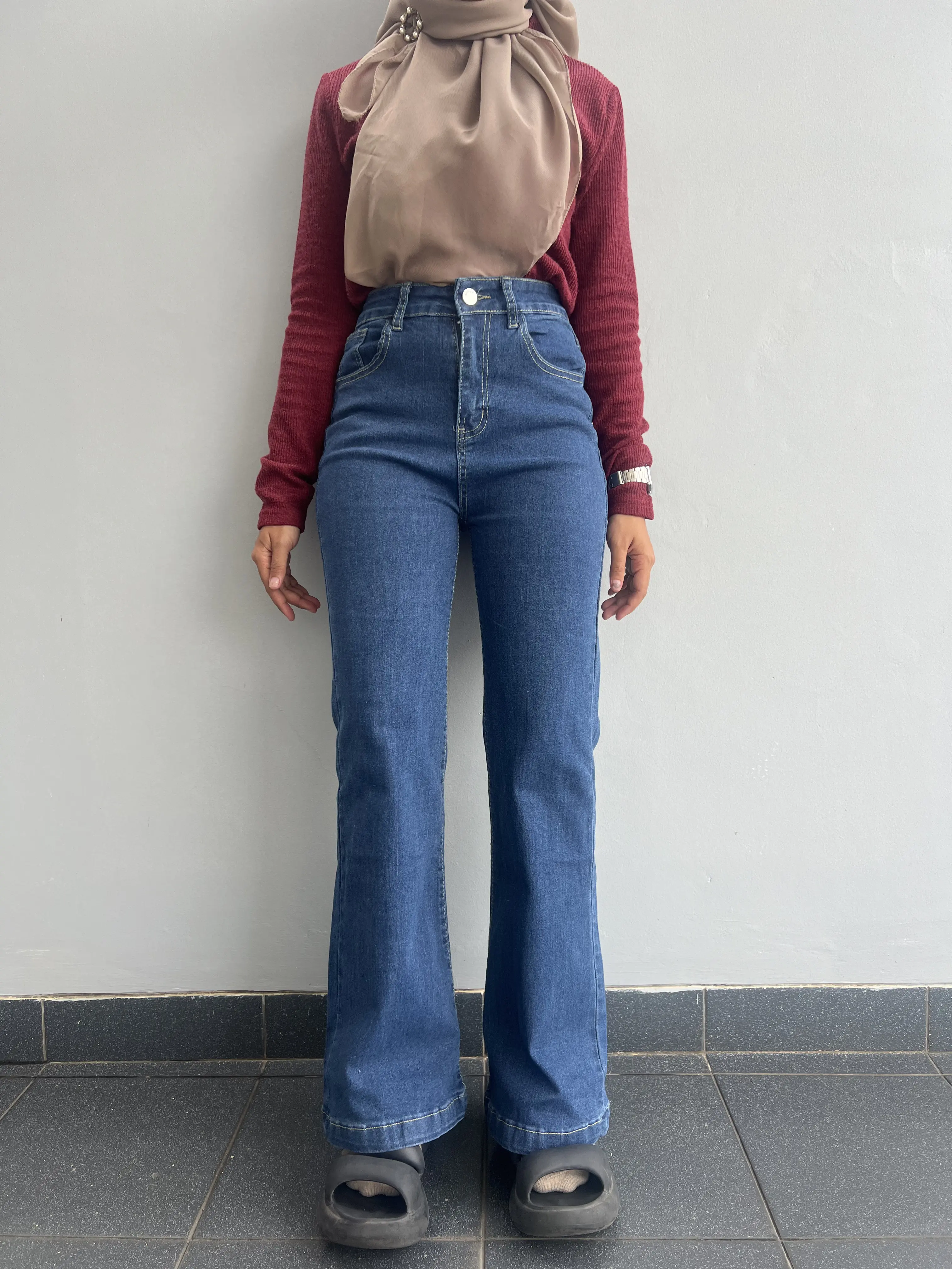 YEONJI YS07 Celana Panjang Highwaist Cutbray Dark Blue dan Light Blue Jeans Wanita Loose Straight Kulot HW Flared Denim