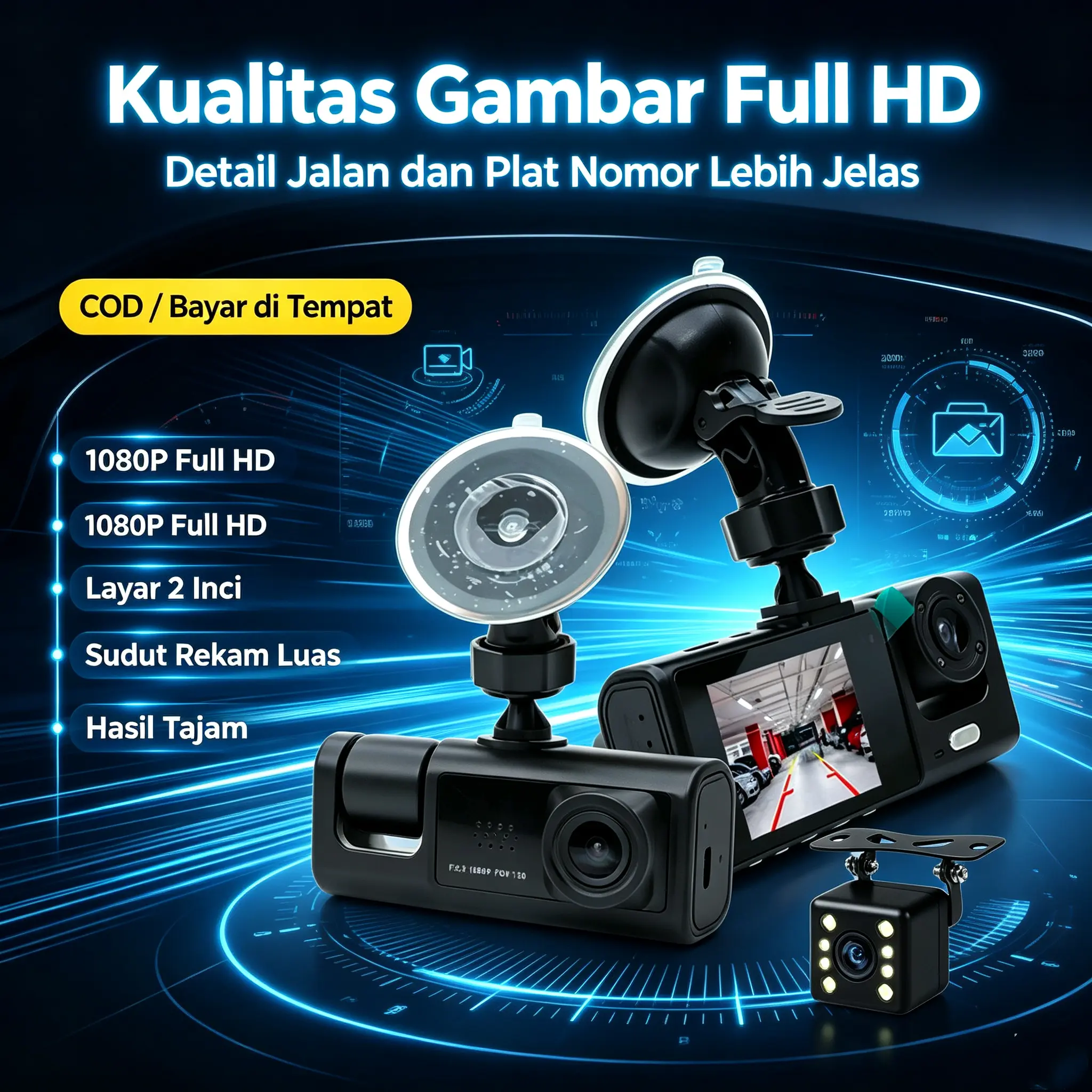 Dashcam Mobil WIFI 3 Cameras Full HD 1080P Perekaman Loop 24 Jam Pemantauan Parkir Bisa COD