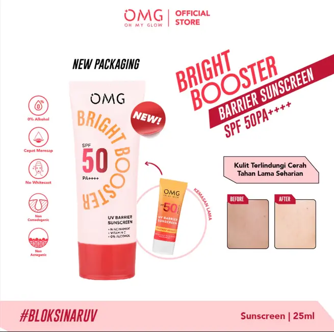 OMG Oh My Glow-Bright Booster UV Barrier Sunscreen SPF 50 PA++++ - Untuk Semua Jenis Kulit - Sunscreen Ringan, Cepat Meresap