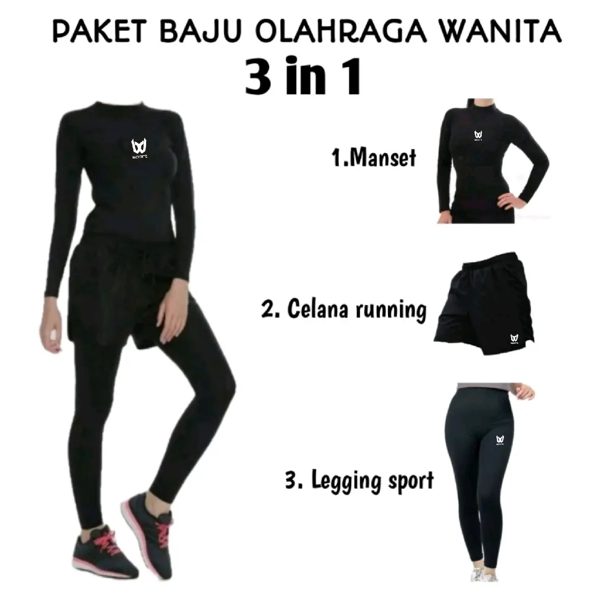 3in1 - paket baju olahraga wanita manset baselayer legging celana pendek renang joging zumba senam lari training Outdoor Hammock