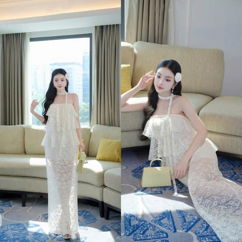 Đầm váy nữ len ren xếp tầng dây cổ maxi dáng dài kiểu dáng thanh lịch xinh xắn cho các nàng đi dự tiệc