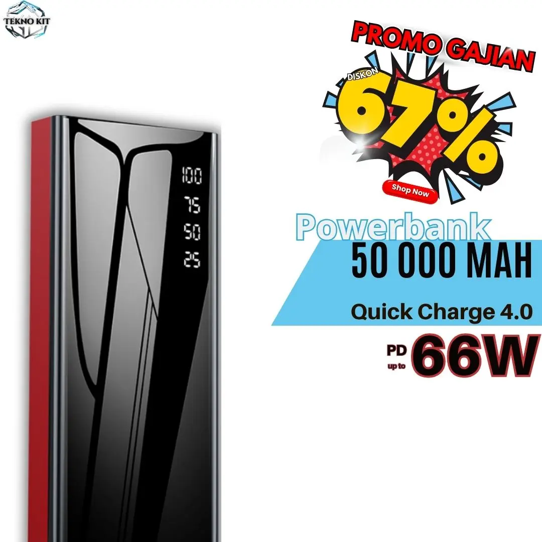Powerbank T93 50000 mAh Dual Output Putih/Hitam - Digital Display, Indikator LED, Daya Tahan Lama, Proteksi Cerdas untuk Android, Oppo, Vivo, Xiaomi, Samsung, Infinix