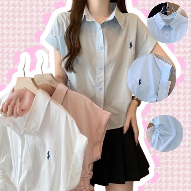 Áo Sơ Mi ngắn Tay Thiết Kế Dây Rút Phong Cách Hồng Kông, Ngọt Ngào Và Ngầu, Cổ Polo Thêu, Dành Cho Nữ, Trang Phục Mùa Hè, Áo Cardigan Không Đều Thanh Lịch 1