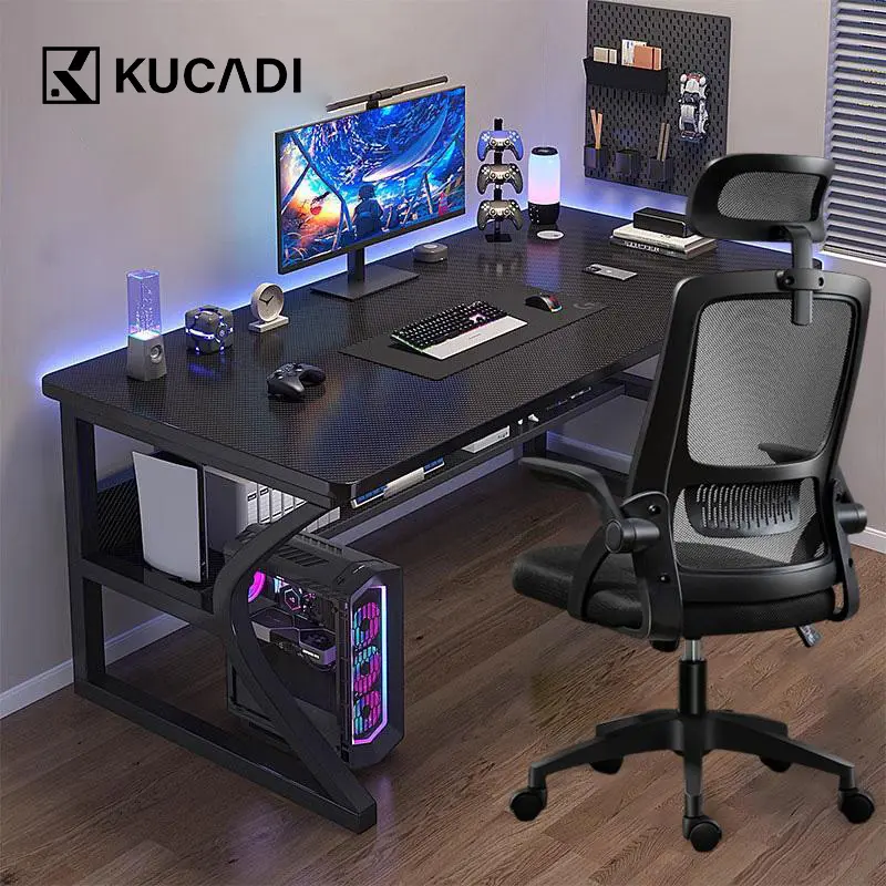 HANRIVER & KUCADI Fiber Karbon Meja Gaming Meja Komputer Minimalis Modern Meja Laptop Meja Belajar Hitam Meja kantor [ Garansi lima tahun ]