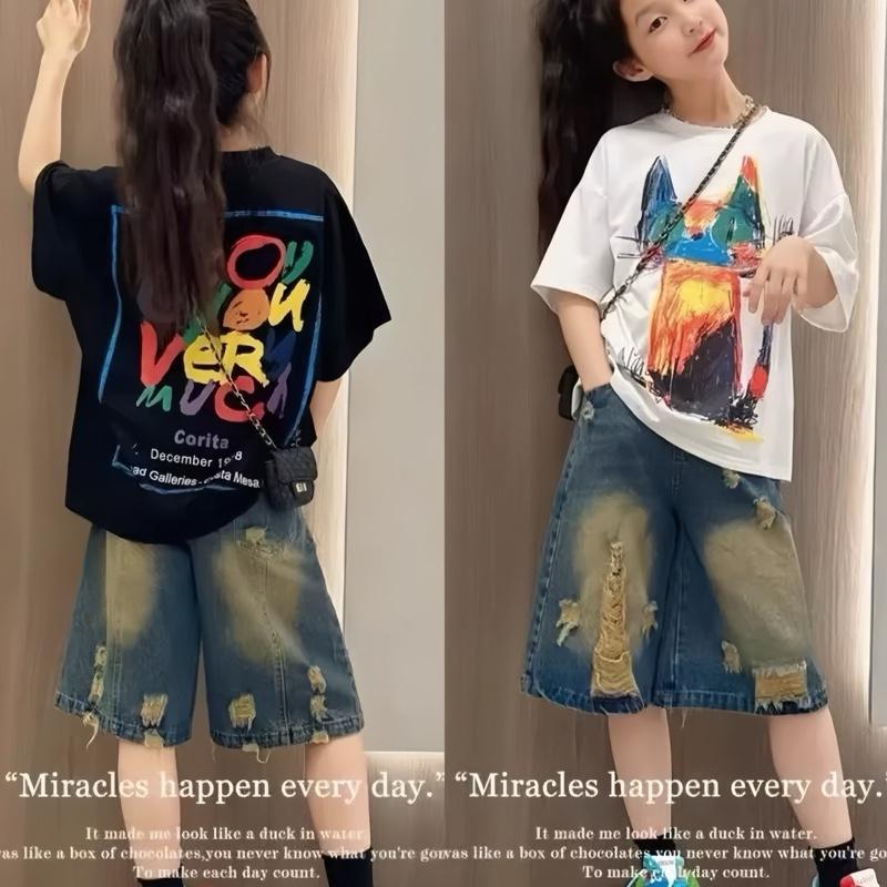 Bộ Quần Jean Ngố Rách Phối Áo Phông Cotton Mèo Loang Cá Tính Cho Bé Gái, Bé Trai