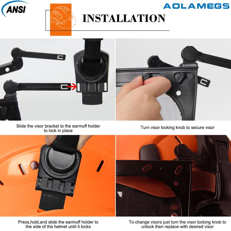 Product Introduction of AOLAMEGS Industrial Forestry Safety Helmet Visor Earmuffs Chainsaw Arborist Logging Hard Hat Goggles CE ABS Construction Working Hard Cap 17
