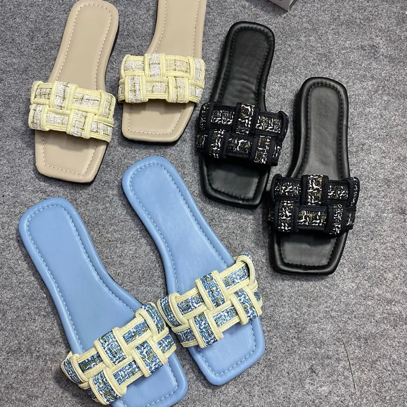 Sandal teplek wanita rajut simple mewah free box Flat Sendal 0