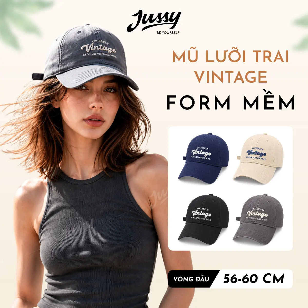 Jussy Mũ Lưỡi Trai Nam Nữ Vintage Chất Vải Kaki Thoáng Mát Phong Cách Hàn Quốc Size 54-58cm Form Chuẩn Đẹp Hat Cap Women