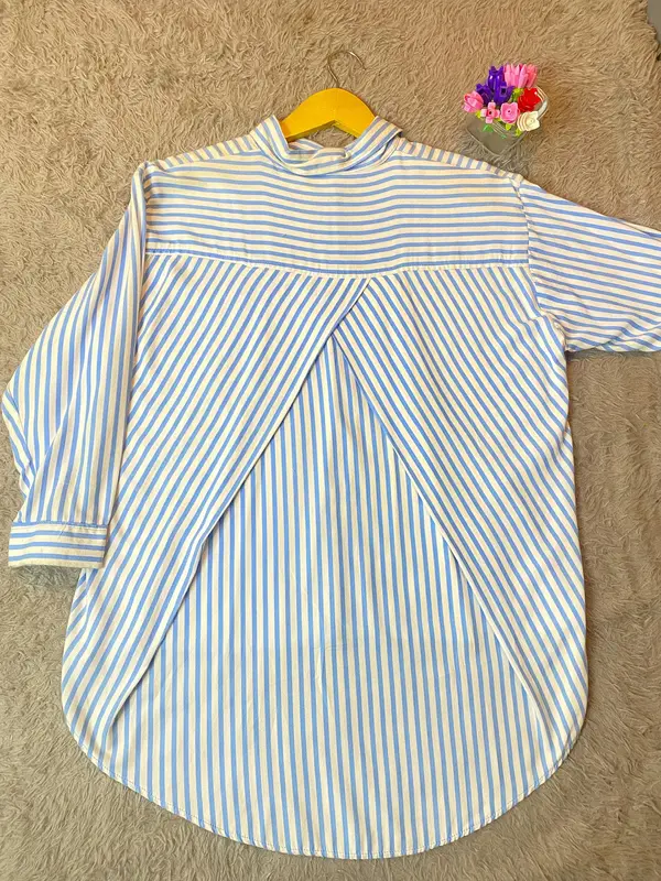 Kemeja Blouse Rayon Salur Stripe Wanita Oversize Silang Belakang Baju Atasan Nyaman viral korean outfit 2