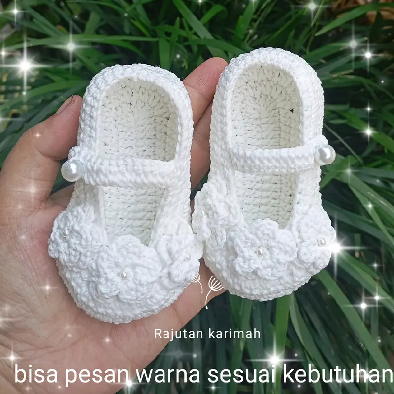 sepatu bayi perempuan rajut cantik hias bunga usia 0-1 tahun 1