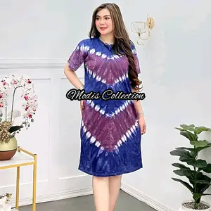 Daster Kaos Wanita Dewasa Kerah Leher Bulat U Neck Dada Tali Depan Non Busui Baju Tidur Lengan Pendek Bahan Kaos Premium Tebal Katun Halus Panjang Dress dibawah Lutut Motif Polos Garis Salur Kombinasi Setrip TieDye Abstrak Bercak Variasi Warna Warni