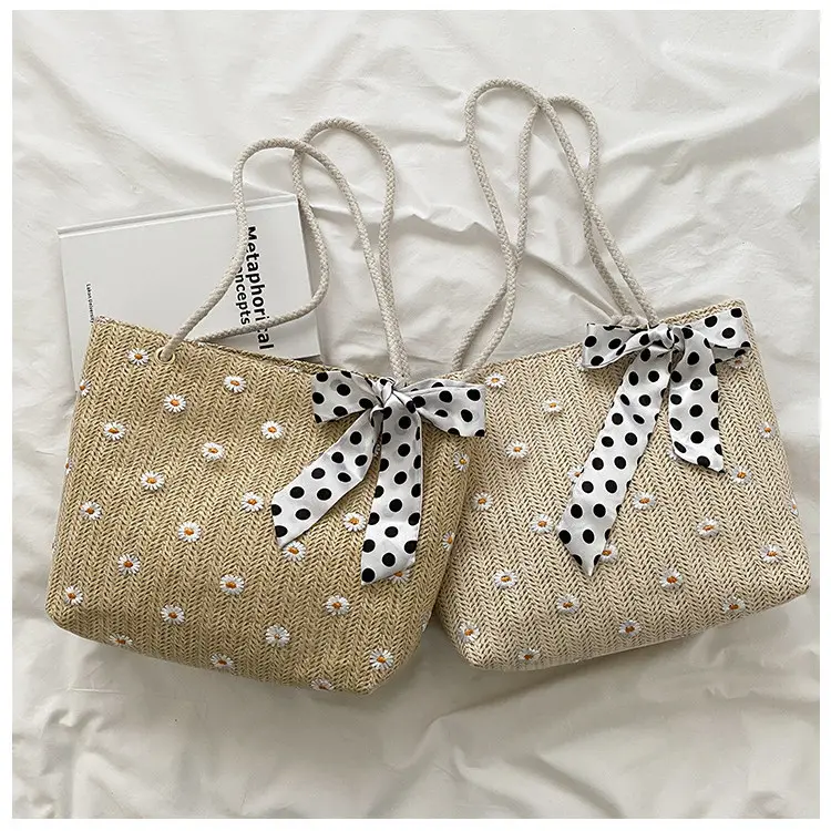 Totebag Kuliah Bahan Anyam Jerami Daisy Dengan Syal Polka Koreain Style Import - BAO158 Anyaman Wanita 0