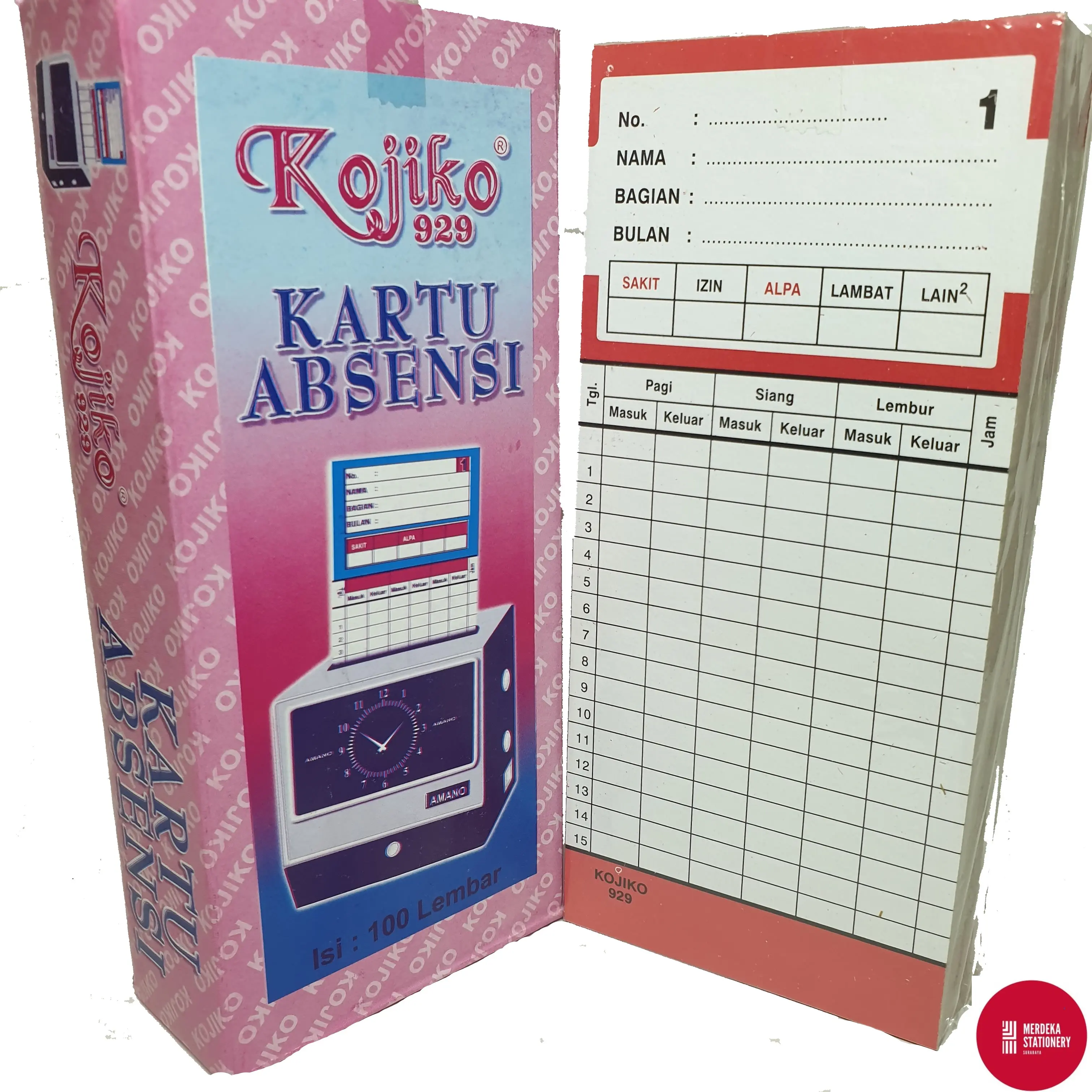 (100 Lembar)Kartu/Kertas Absen/Absensi Tebal Kojiko 929 Box/Dus PINK