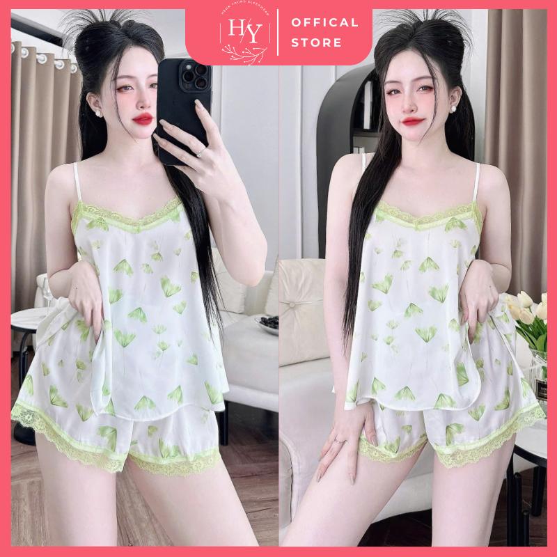 Bộ Đồ Ngủ Nữ Sexy HEUN YOUNG Đồ Bộ Nữ, Bộ Mặc Nhà 2 Dây Phối Ren Quần Đùi Lụa Latin Mềm Mịn FreeSize 40-65kg Áo Kem Women 1