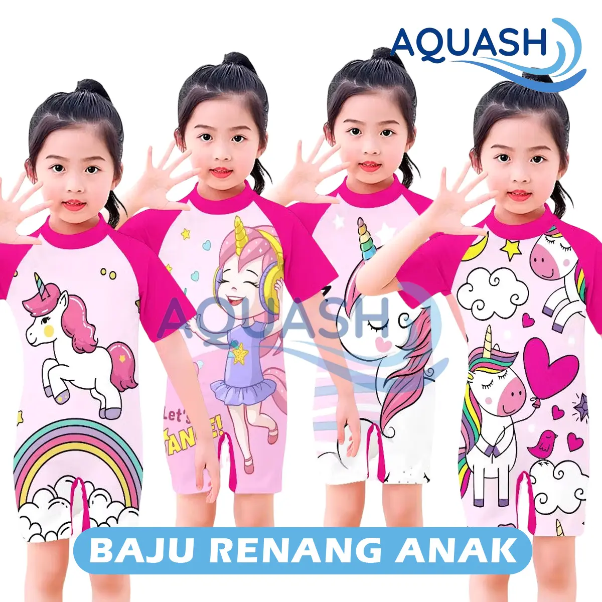 Baju Renang Anak Perempuan 3 -10 Tahun Swimsuit Lengan Pendek Karakter Unicorn Kucing