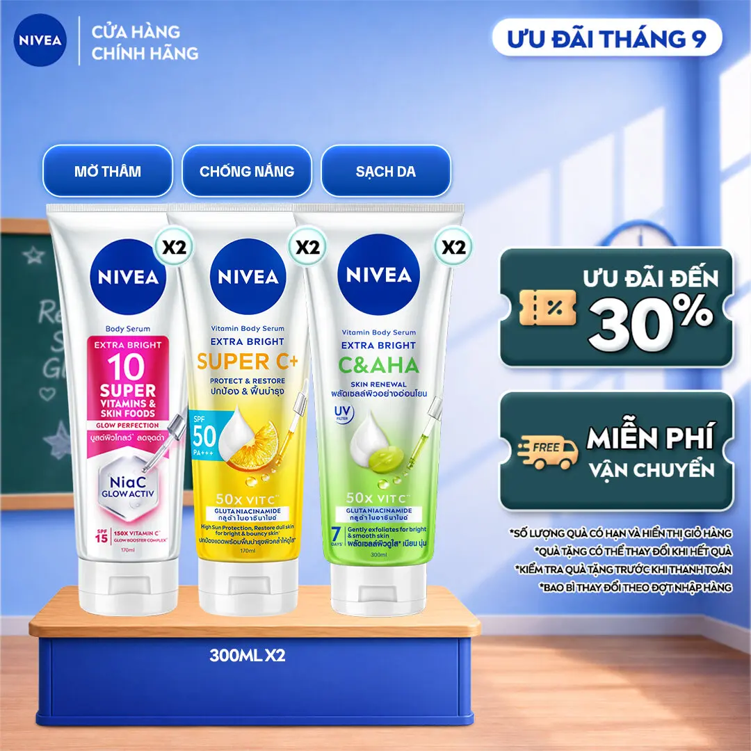 Bộ 2 Serum Dưỡng Thể NIVEA Sáng Da Mờ Thâm | Chống Nắng | Sạch Da (300ml x2) - 93824x2/99195x2/99197x2
