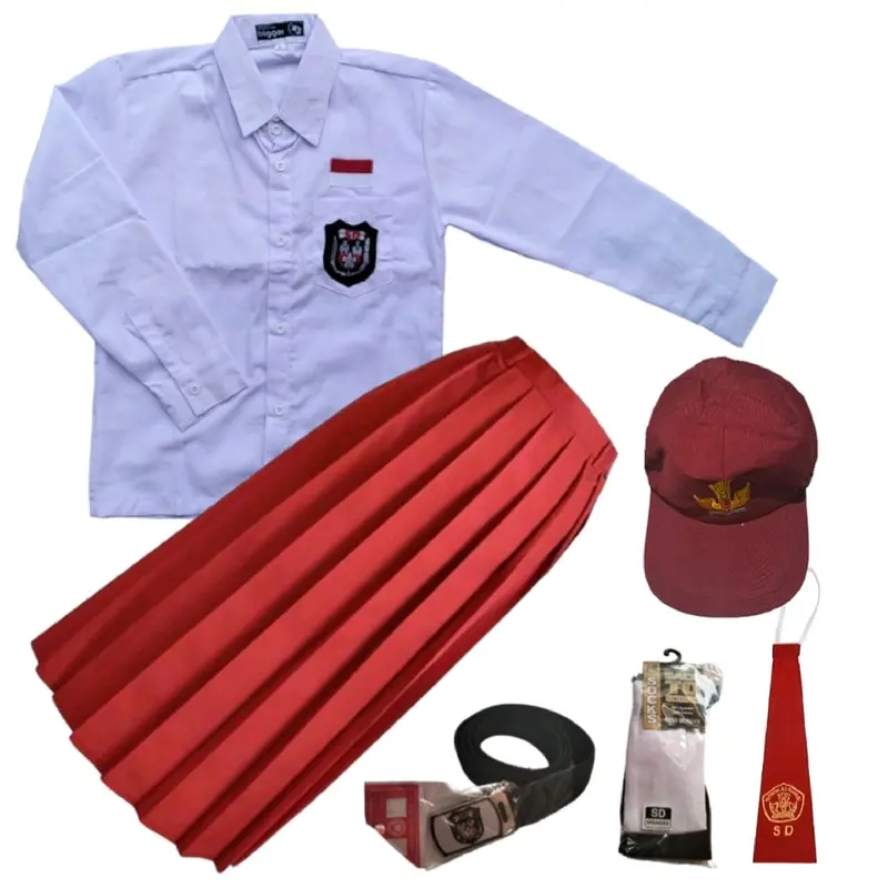 Setelan Seragam Sd BAJU PUTIH PANJANG DAN ROK MERAH PANJANG Untuk Anak Perempuan Kelas 1-6 Fashion 1