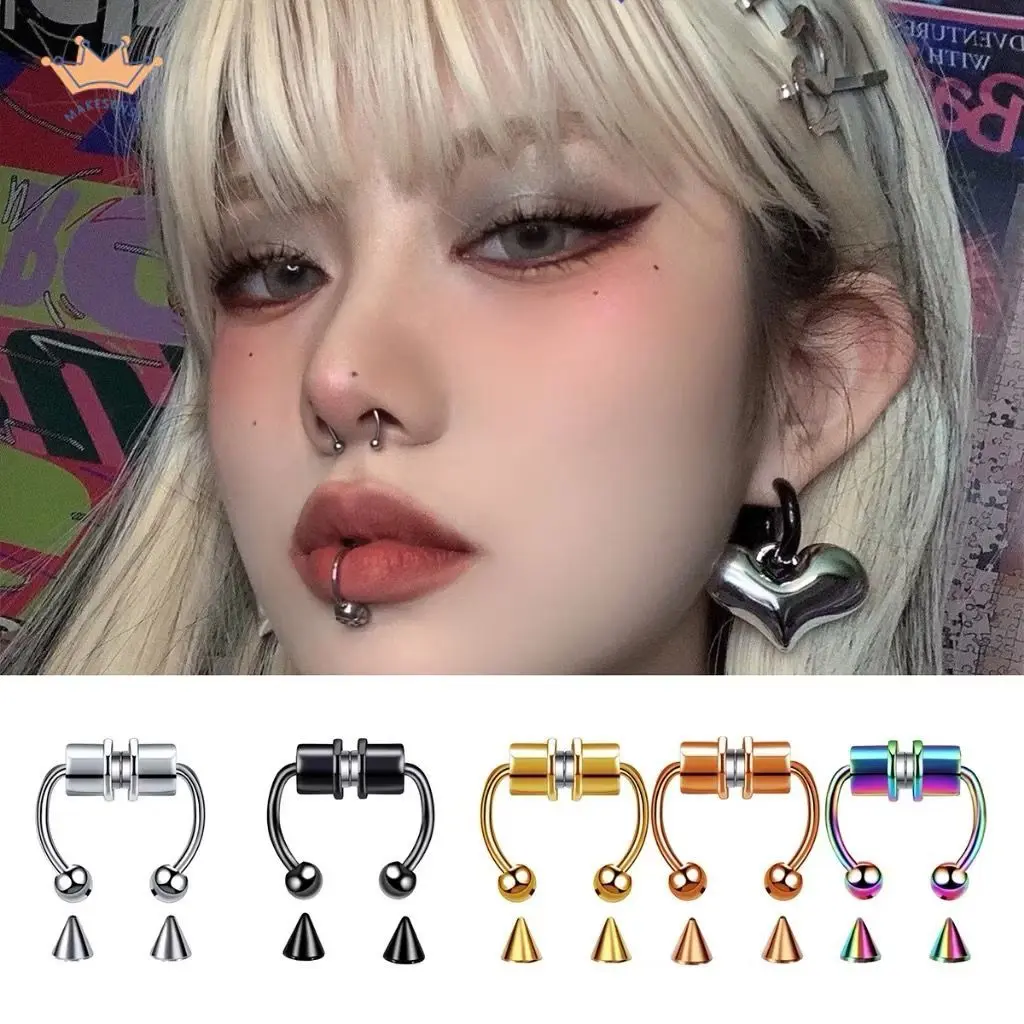 Tindik Hidung Palsu Magnet Bentuk U Bahan Stainless Steel Gaya Punk Metal Stainless Steel