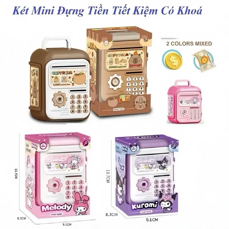 Két sắt mini hoạ tiết Kuromi Labubu màu tím xinh yêu cho bé đựng tiền tiết kiệm - Ống Heo 0