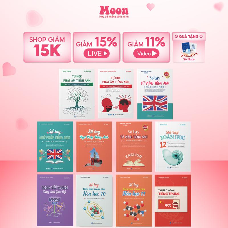 Sổ tay trọng tâm kiến thức Toán, Lý, Hoá 12, sổ học từ vựng, ngữ pháp, phát âm Tiếng anh Moonbook