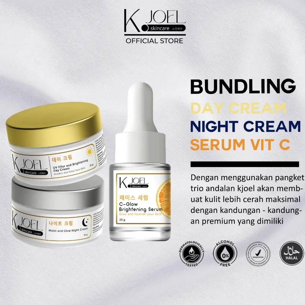 C. Kjoel UV Filter & Brightening Day Cream + Moist & Glow Night Cream + Serum Vit C