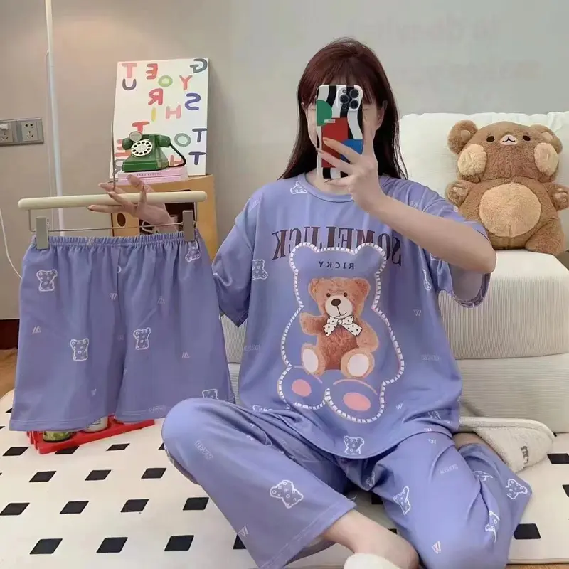 Set Piyama 3 in 1 Wanita Dewasa - Baju Tidur Lengan Pendek + 2 Pcs Celana Tidur Panjang Pendek Fit 6