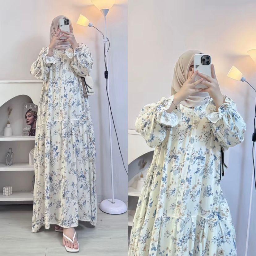 Naja.Fashion - Daisy Gamis Bunga Rayon Premium Busui Friendly Long Dress Motif Floral Korea Style Lengan Panjang untuk Tampilan Elegan dan Nyaman