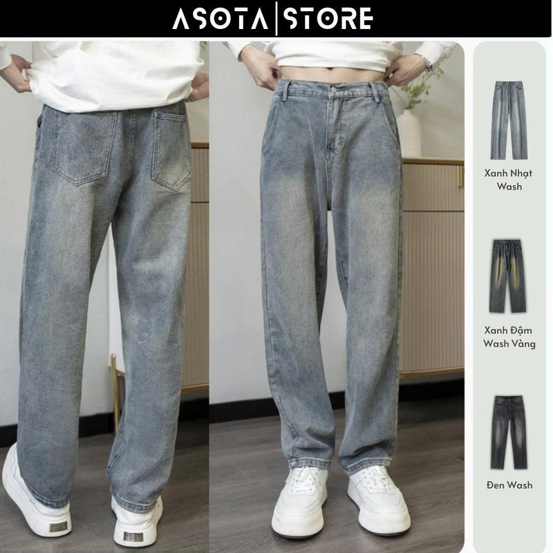 DEAL MỞ BÁN Quần Jean Nam Ống Suông Wash Retro Rêu Cạp Cao Quần Jean Nam Baggy Loang Chất Liệu Cao Cấp