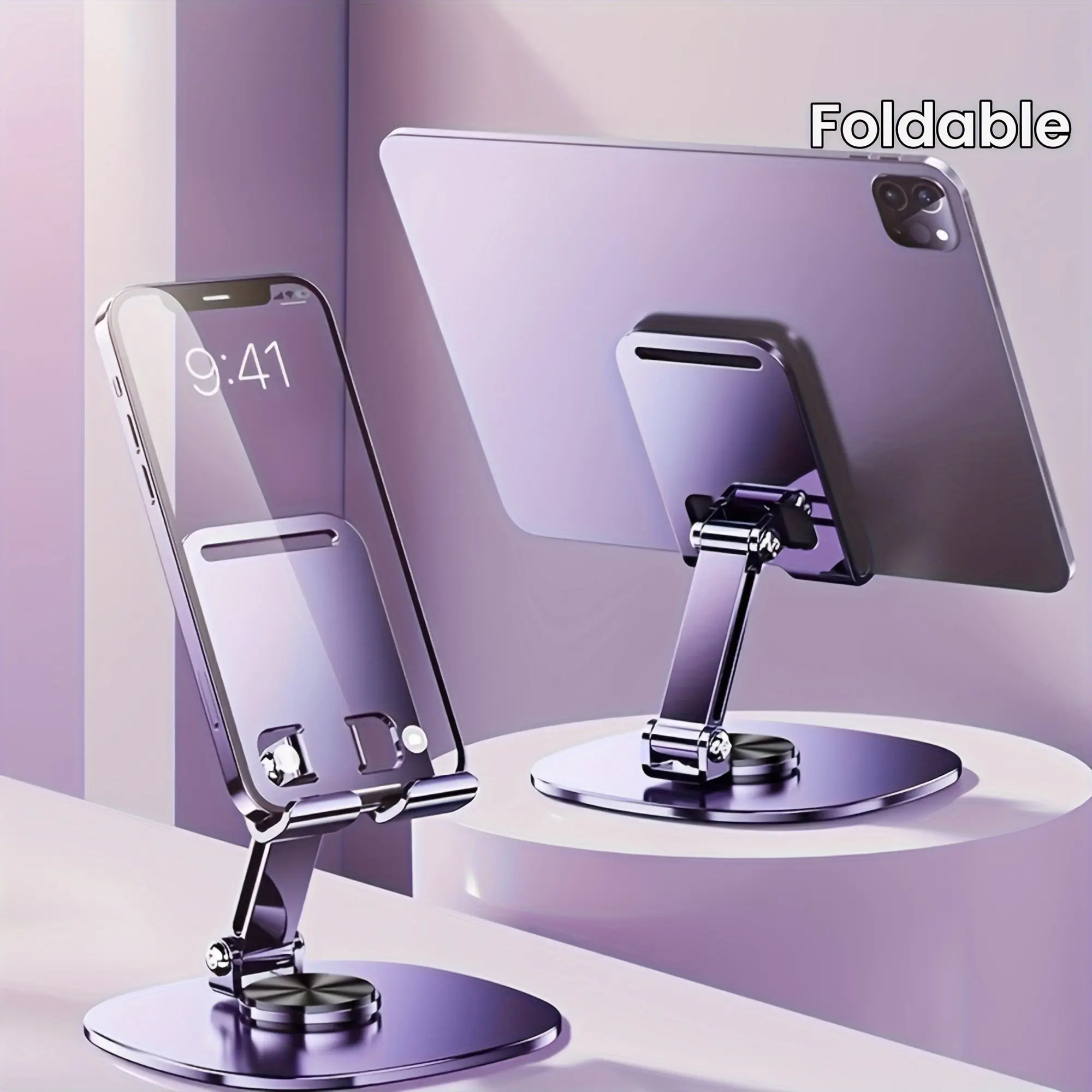 360 Rotating Cell Phone Stand, Adjustable Foldable Cell Phone Stand Holder for Desk, Non-Slip Metal Base, iPhone Stand for Desk, Cell Phone Stand Holder Compatible with Samsung and Other Phone Accessories Folding