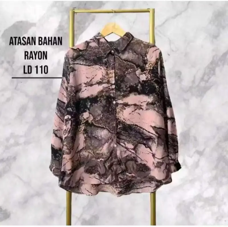 Kemeja Wanita Oversize Shirt Rayon Motif Premium - Kemeja Basic Blouse Lengan Karet 5