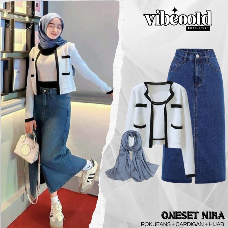 Nira Outfit Set Wanita Hijab ( Bawahan Rok Jeans + Atasan Outer Cardigan + Inner Korean + Bella Square / pashmina ceruty ) Ootd Simple Hijab Kekinian - Oneset Kece Setelan Keren Muslim Panjang one Cantik remaja Oversize Casual Nyaman Santai cewek 0