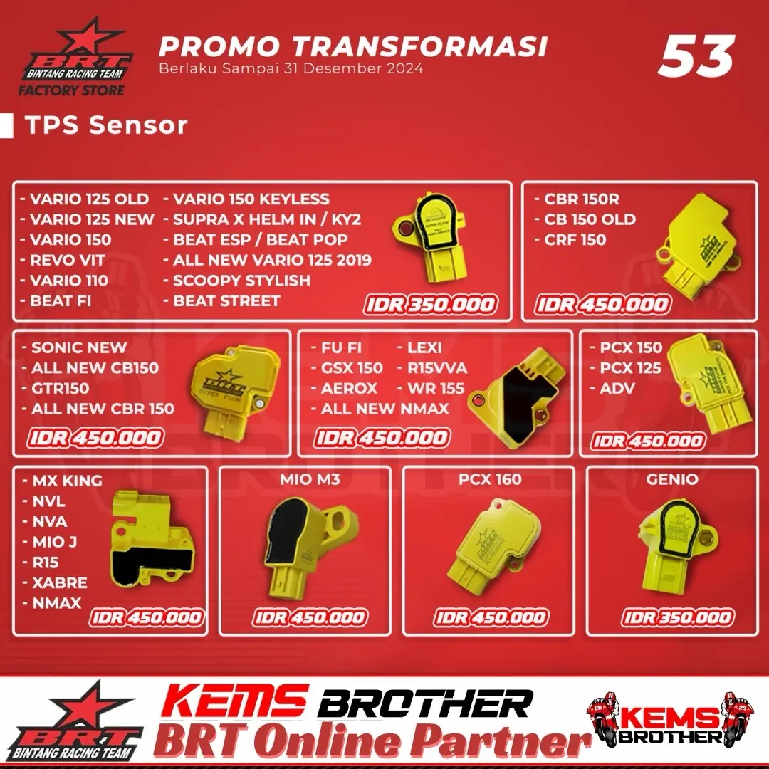 Sensor TPS BRT Presisi Super Flow Original BRT HONDA VARIO 125 VARIO 150 BEAT FI BEAT POP BEAT STREET SCOOPY  NMAX AEROX MXKING SONIC CRF150 CBR150R PCX150 ADV150 GSX150 FU FI CB150 OLD NVL NVA XABRE SUPRA125 VARIO110 REVO FIT YAMAHA