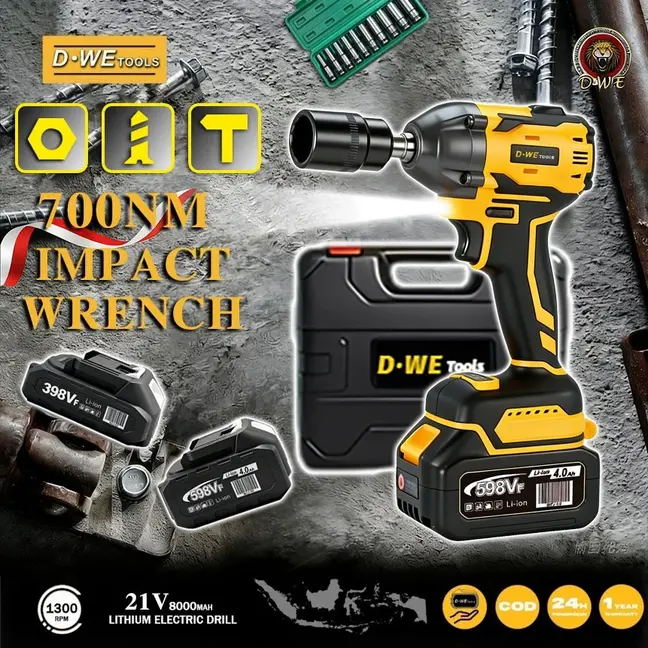 DWE Tools Mesin Impact Wrench 700NM Cordless Baterai 21V Kunci Baut Elektrik Lithium